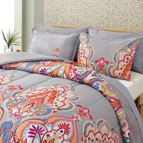 2 Piece Twin Comforter Set, Boho Pattern, Gray with Rainbow Floral