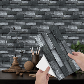 48 Pcs Black Gray Stone Brick Peel And Stick Wallpaper Home Decor Waterproof Self-Adhesive Stickers For Bathroom Kitchen Living Room Backsplash Detach
