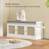 HOMCOM Shoe Storage Bench with Woven Rattan Doors, Shoe Bench with Cushion, Adjustable Shelves, Entryway Bench, White