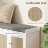 HOMCOM Shoe Storage Bench with Woven Rattan Doors, Shoe Bench with Cushion, Adjustable Shelves, Entryway Bench, White