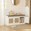 HOMCOM Shoe Storage Bench with Woven Rattan Doors, Shoe Bench with Cushion, Adjustable Shelves, Entryway Bench, White