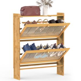 2-Tier Bamboo Shoe Cabinet, 2 Flip Drawers, Slim Freestanding Organizer for Entryway/Hallway (Color: Brown, size: 70cm)